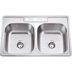 33” x 22” x 9” Stainless Steel Drop In Sink Double Bowl 20 Gauge, Elements Sink