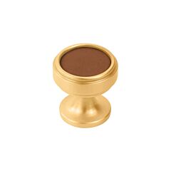 Reserve Cabinet Hardware Knob in Brushed Golden Brass with Brown Leather, 1-1/4 (32mm) Inch Overall Diameter