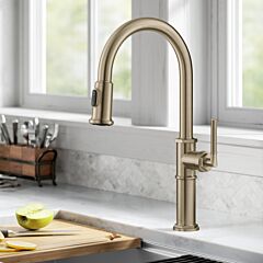 Kraus Allyn Traditional Industrial Pull-Down Single Handle Kitchen Faucet in Brushed Gold