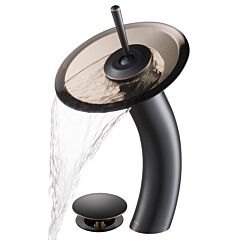 Kraus Waterfall Bathroom Faucet with Brown Glass Disk and Pop-Up Drain in Oil Rubbed Bronze
