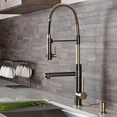Kraus Artec Pro 2-Function Commercial Style Pre-Rinse Kitchen Faucet with Pull-Down Spring Spout and Pot Filler in Black Stainless Steel/Brushed Gold