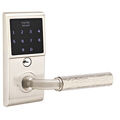 Emtek EM Touch Keypad Leverset with R-Bar Hammered Lever Electronic Touchscreen Storeroom Lock, 2-3/4" Backset, Right Handle, Satin Nickel