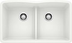 Blanco Diamond 32" x 19-1/4" x 9-1/2" Undermount Equal Double Low Divide Bowl, White Silgranit Kitchen Sink
