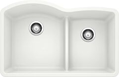 Blanco Diamond 32" x 20-7/8" x 9-1/2" Undermount 1-3/4 Low Divide Bowl, White Silgranit Kitchen Sink