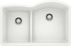 Blanco Diamond 32" x 20-7/8" x 9-1/2" Undermount 1-3/4 Low Divide Reverse Bowl, White Silgranit Kitchen Sink