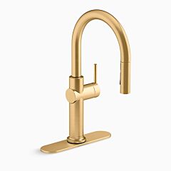 CRUE Pull-down kitchen sink faucet with three-function sprayhead, Vibrant Brushed Moderne Brass