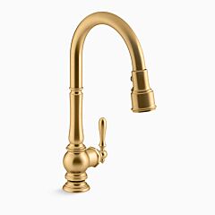 ARTIFACTS Pull-down kitchen sink faucet with three-function sprayhead, Vibrant Brushed Moderne Brass