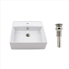 KRAUS Square Vessel Ceramic Bathroom Sink in White w/ Pop-Up Drain in Satin Nickel 18-1/2" (470mm)