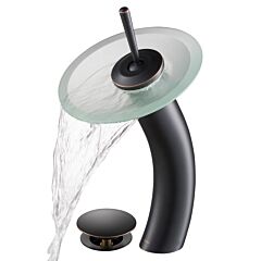 Kraus Waterfall Bathroom Faucet with Frosted Glass Disk and Pop-Up Drain in Oil Rubbed Bronze