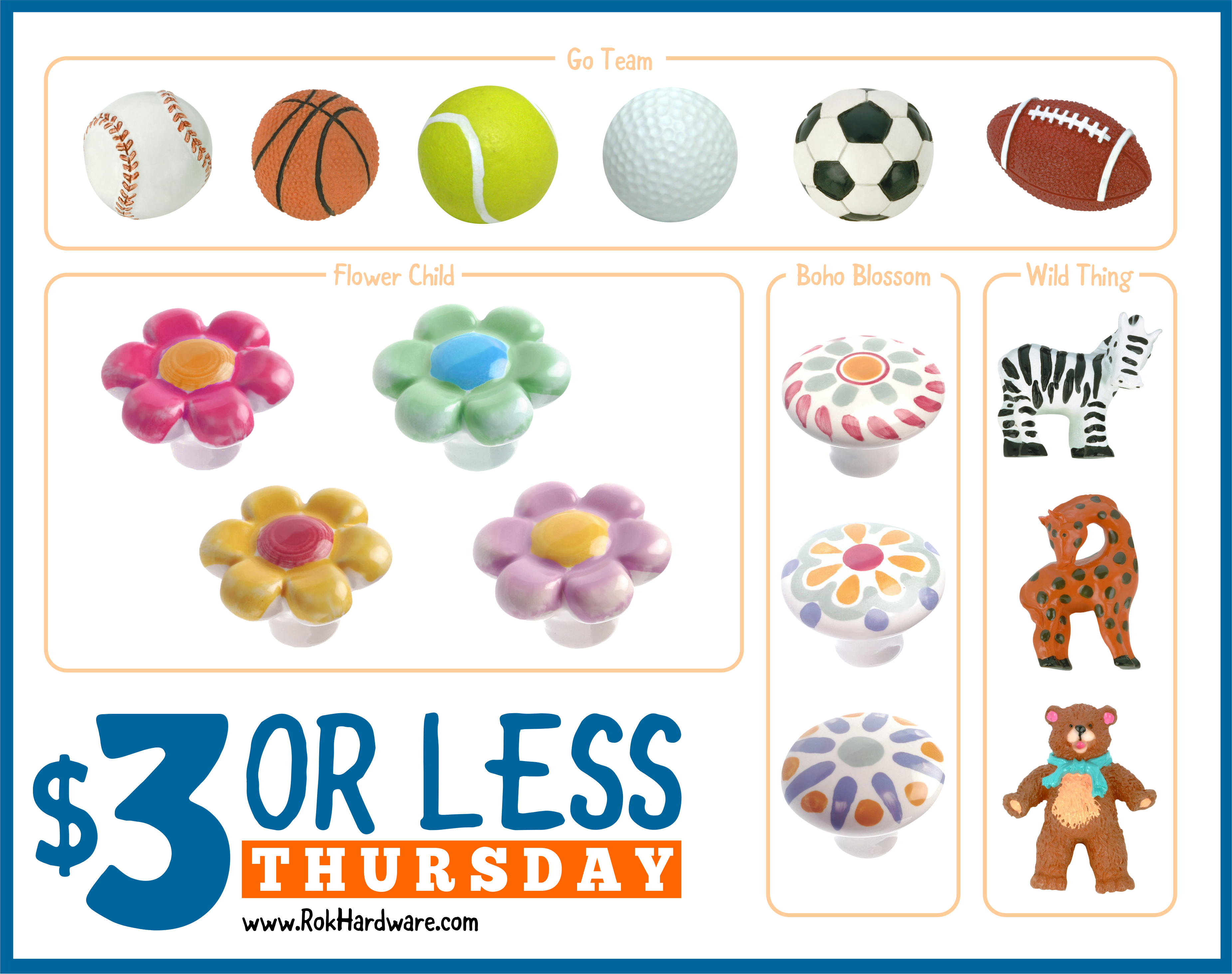$3 Thursday! Children's knobs for $3 or less